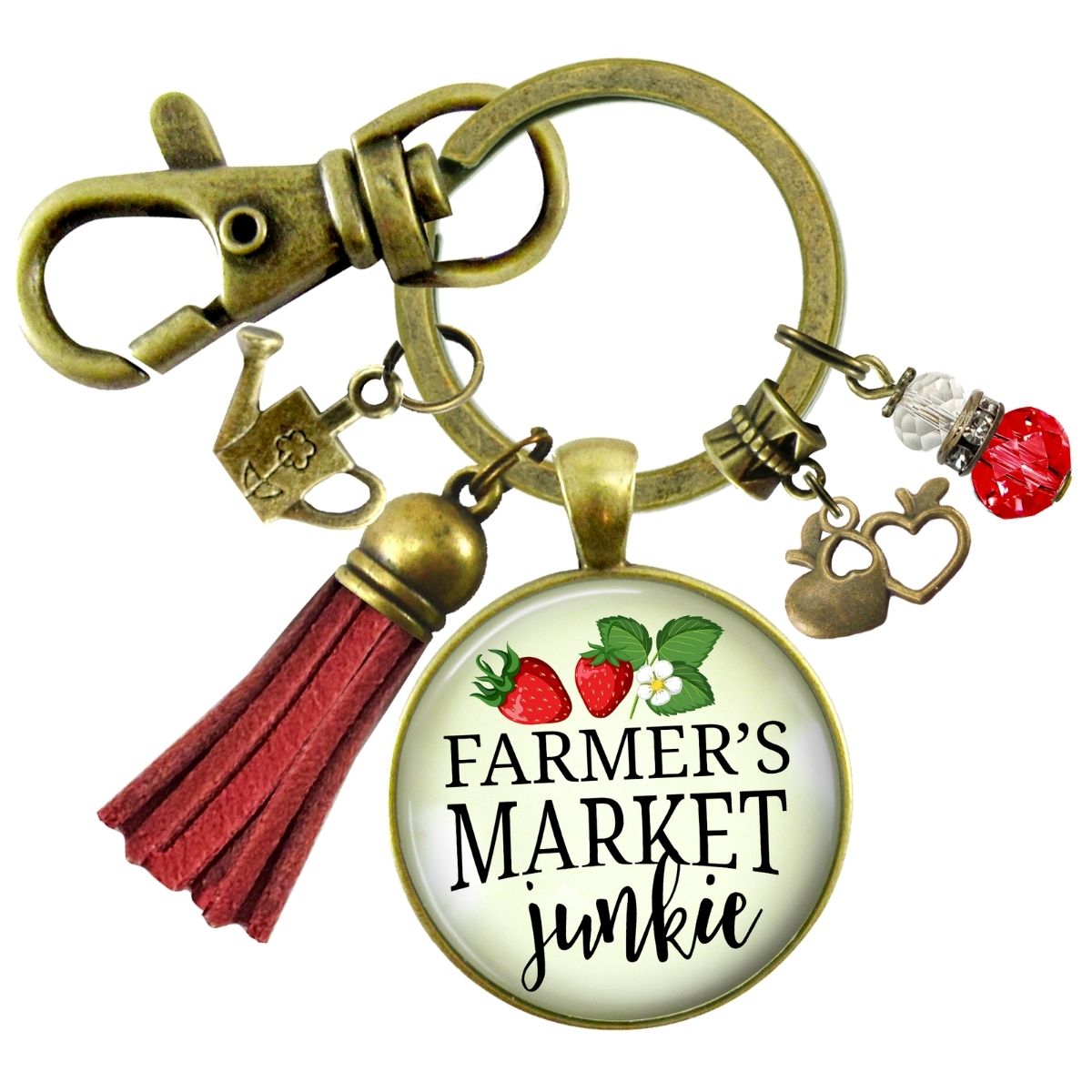 Handmade Gutsy Goodness Jewelry Farmers Market Junkie Keychain Boho Style Fashion Jewelry Apple & Red Tassel Charm & Message Card