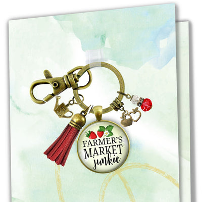 Handmade Gutsy Goodness Jewelry Farmers Market Junkie Keychain Boho Style Fashion Jewelry Apple & Red Tassel Charm, Message Card