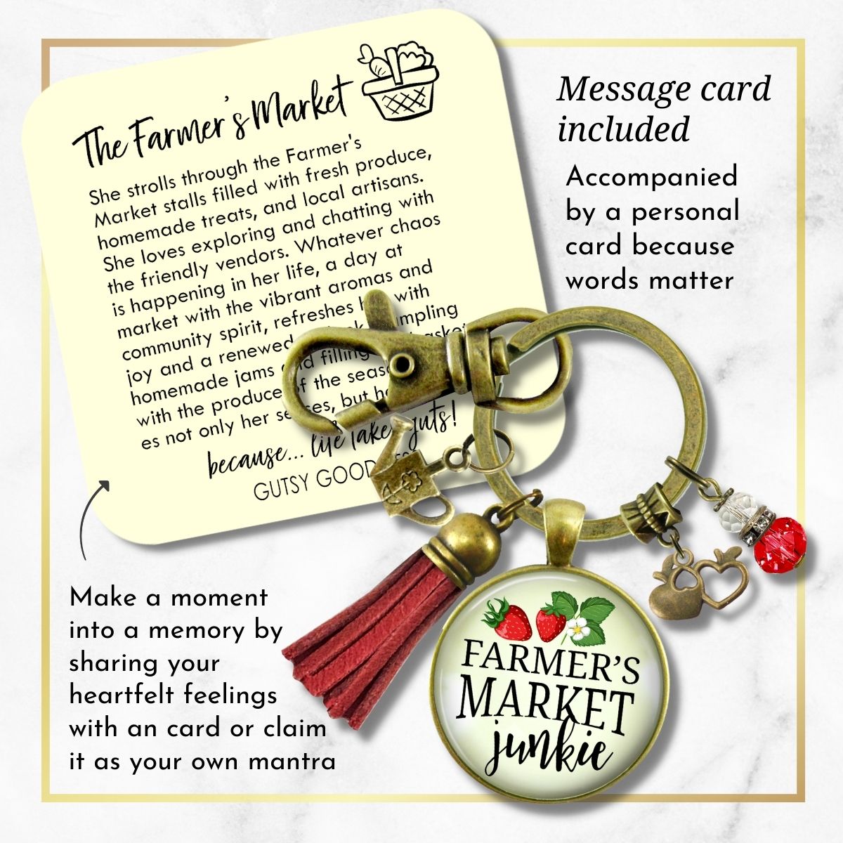 Handmade Gutsy Goodness Jewelry Farmers Market Junkie Keychain Boho Style Fashion Jewelry Apple & Red Tassel Charm & Message Card