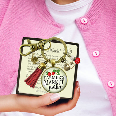 Handmade Gutsy Goodness Jewelry Farmers Market Junkie Keychain Boho Style Fashion Jewelry Apple & Red Tassel Charm & Message Card