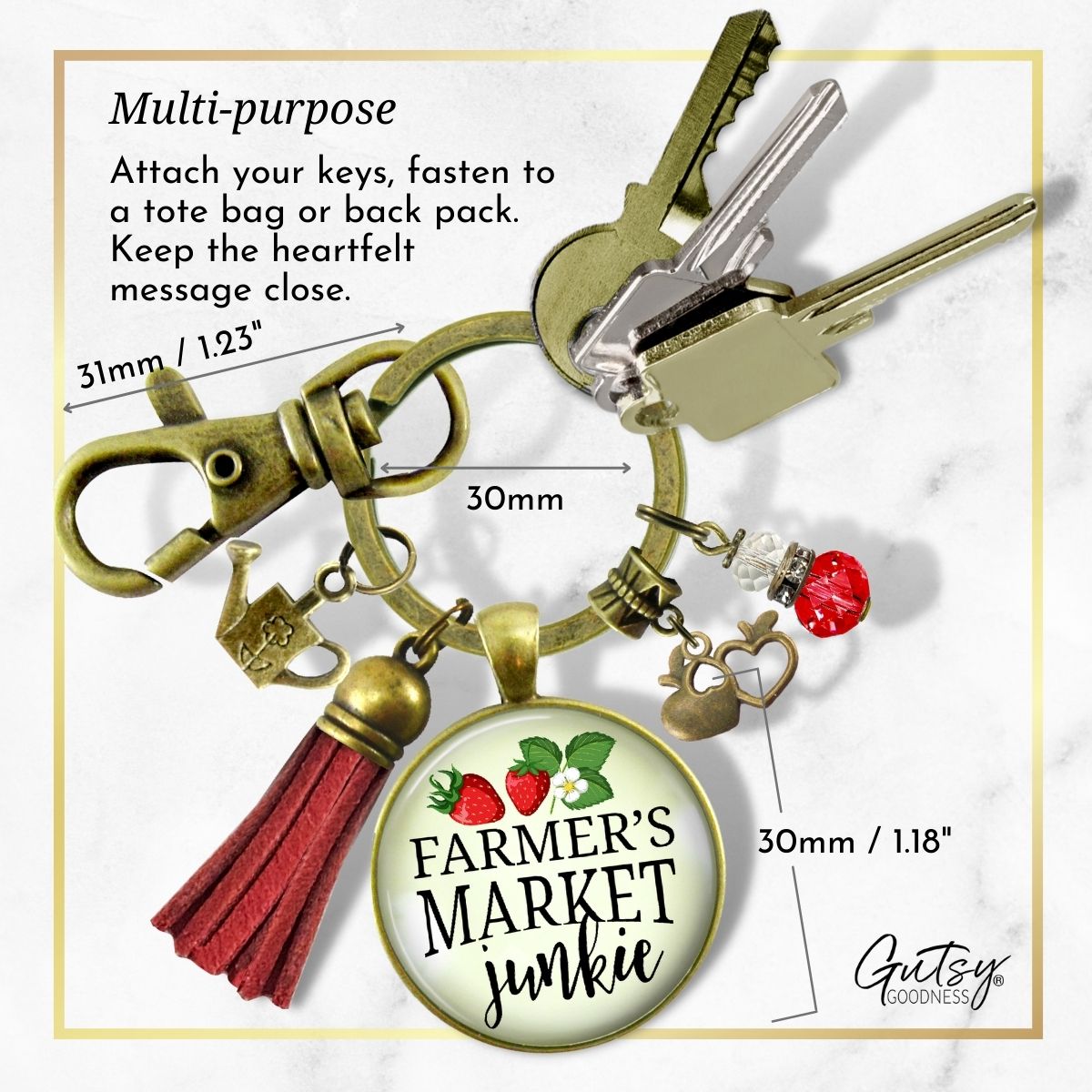 Handmade Gutsy Goodness Jewelry Farmers Market Junkie Keychain Boho Style Fashion Jewelry Apple & Red Tassel Charm, Message Card