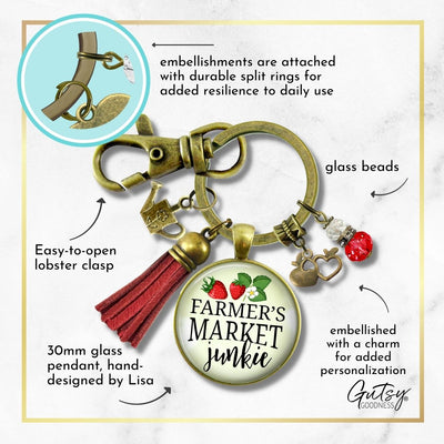 Handmade Gutsy Goodness Jewelry Farmers Market Junkie Keychain Boho Style Fashion Jewelry Apple & Red Tassel Charm & Message Card