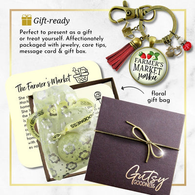 Handmade Gutsy Goodness Jewelry Farmers Market Junkie Keychain Boho Style Fashion Jewelry Apple & Red Tassel Charm & Message Card