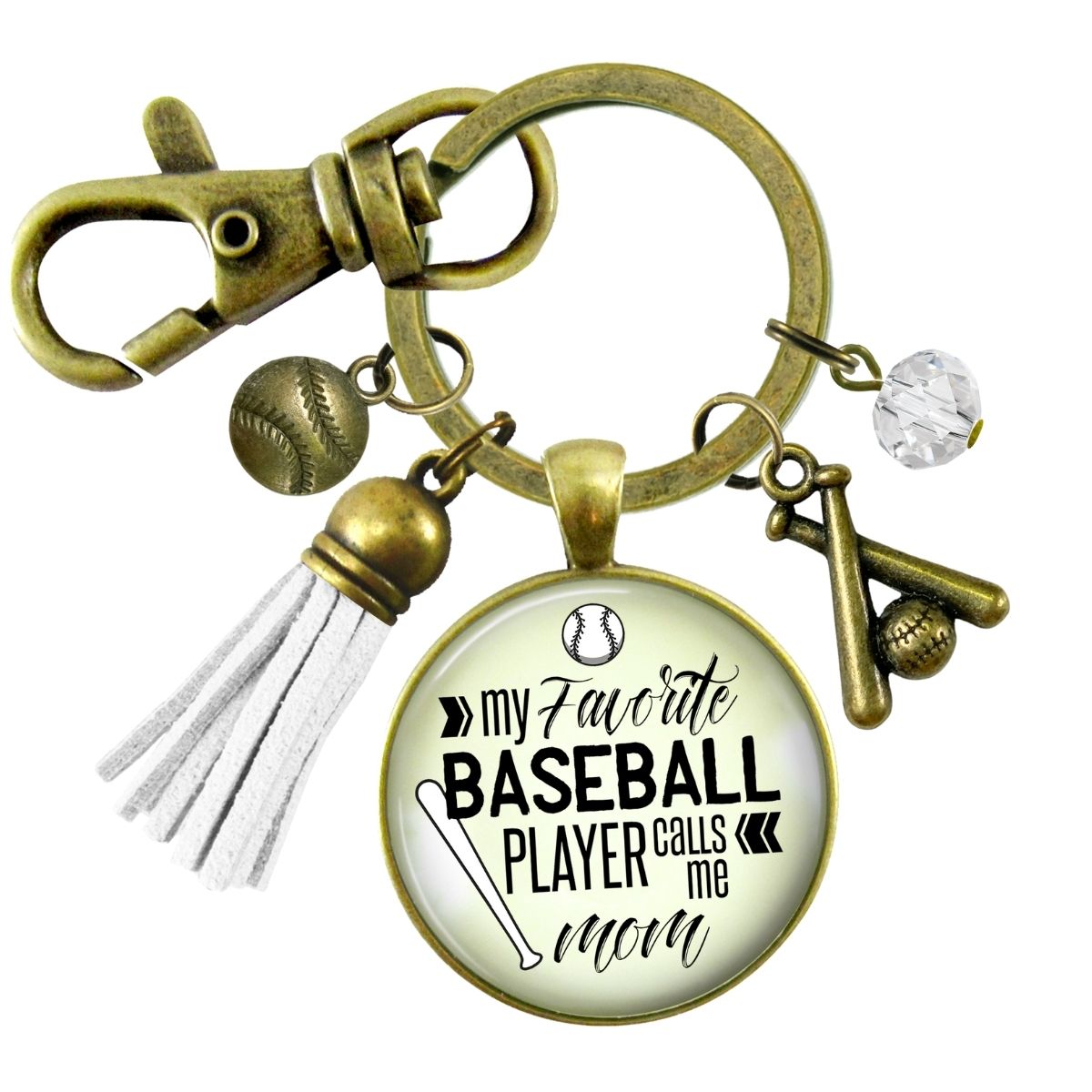 Handmade Gutsy Goodness Jewelry My Favorite Baseball Player Calls Me Mom Keychain Boho Style Sports Theme White Tassel Charm & Card