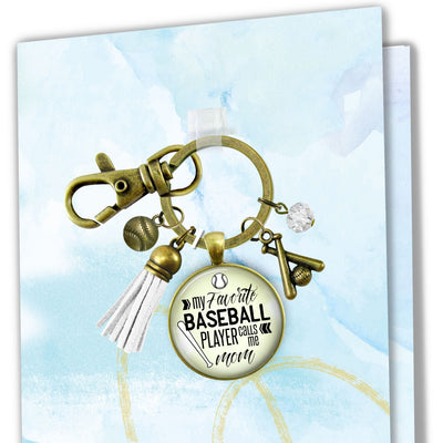Handmade Gutsy Goodness Jewelry My Favorite Baseball Player Calls Me Mom Keychain Boho Sports Theme White Tassel Charm & Card