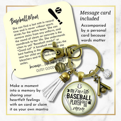 Handmade Gutsy Goodness Jewelry My Favorite Baseball Player Calls Me Mom Keychain Boho Sports Theme White Tassel Charm & Card