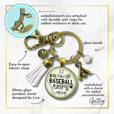 Handmade Gutsy Goodness Jewelry My Favorite Baseball Player Calls Me Mom Keychain Boho Sports Theme White Tassel Charm & Card