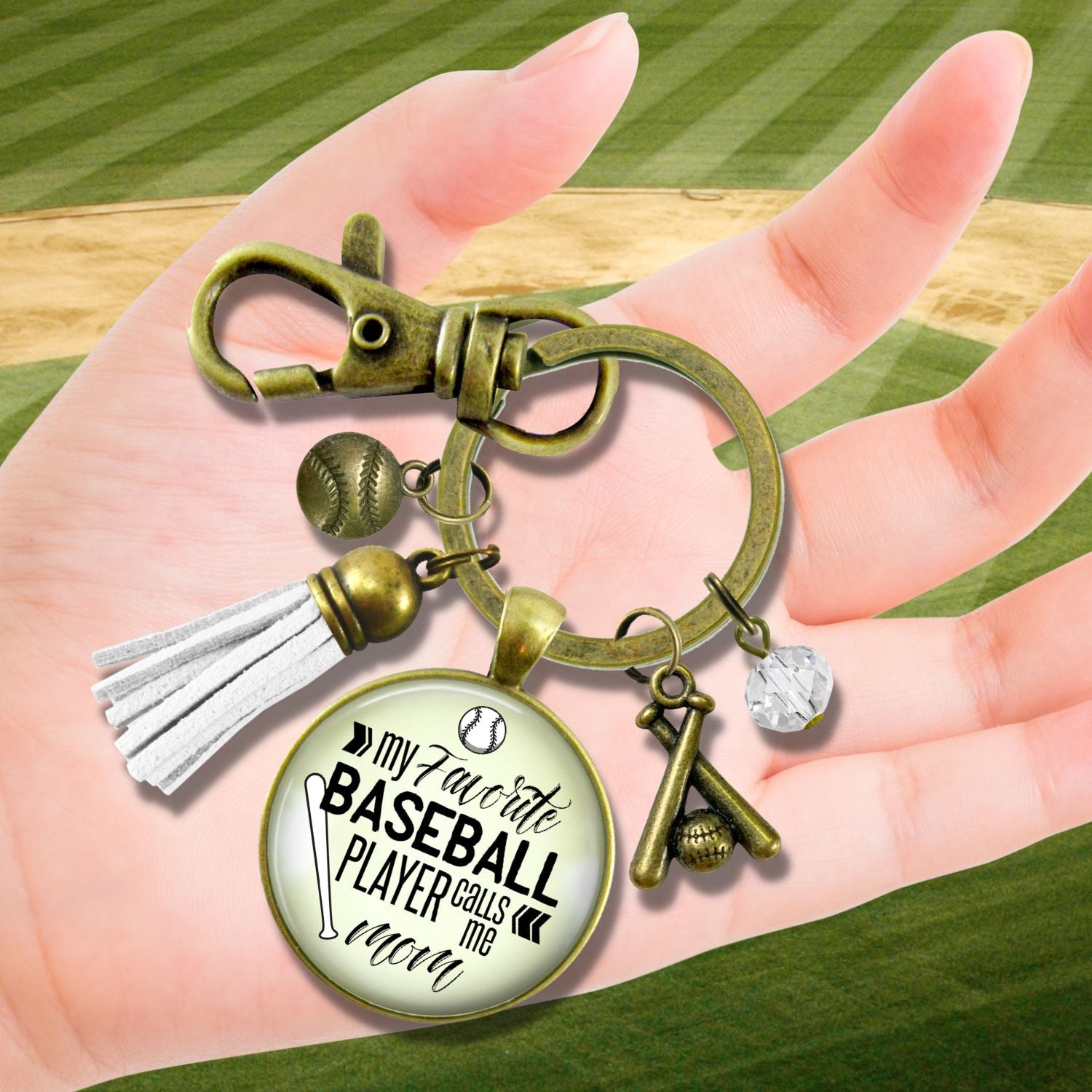 Handmade Gutsy Goodness Jewelry My Favorite Baseball Player Calls Me Mom Keychain Boho Style Sports Theme White Tassel Charm & Card