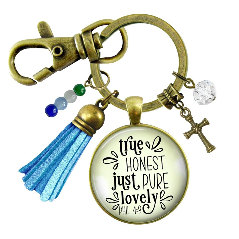 Handmade Gutsy Goodness Jewelry True Honest Just Pure Keychain Faith Theme Boho Fashion Bible Verse Jewelry Cross Charm, Message Card