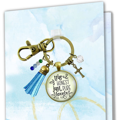 Handmade Gutsy Goodness Jewelry True Honest Just Pure Keychain Faith Theme Boho Fashion Bible Verse Jewelry Cross Charm, Message Card