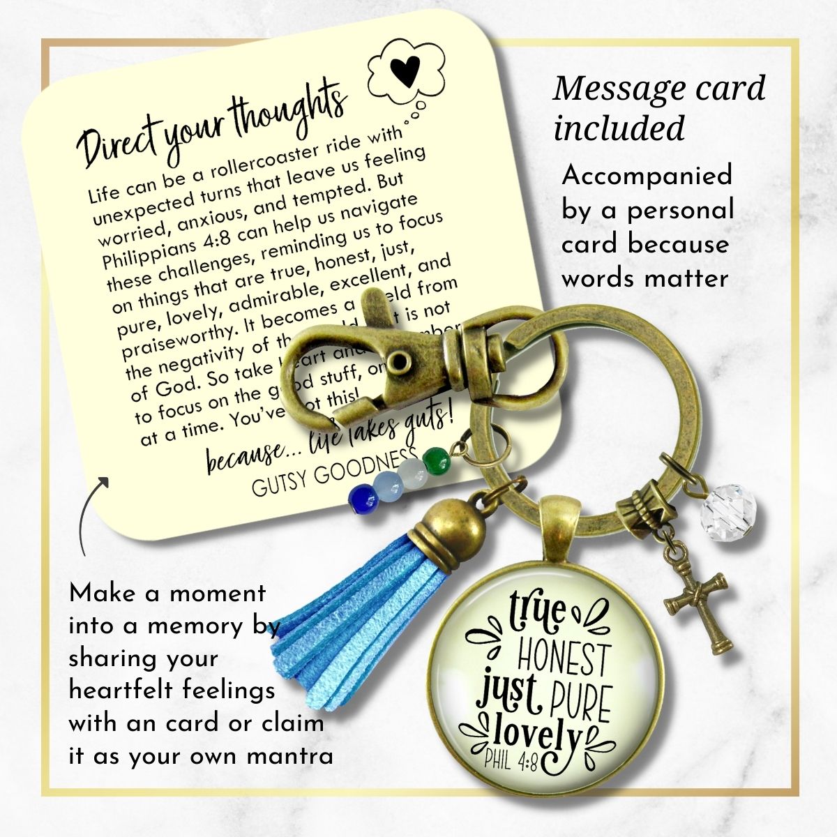 Handmade Gutsy Goodness Jewelry True Honest Just Pure Keychain Faith Theme Boho Fashion Bible Verse Jewelry Cross Charm & Message Card