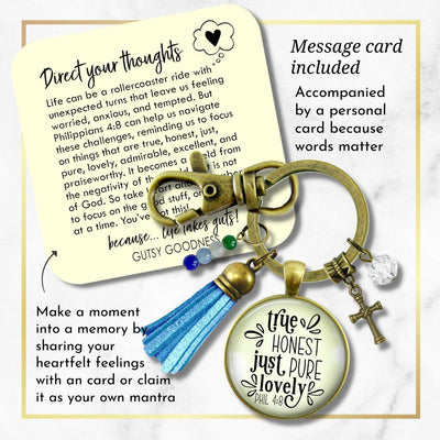 Handmade Gutsy Goodness Jewelry True Honest Just Pure Keychain Faith Theme Boho Fashion Bible Verse Jewelry Cross Charm, Message Card