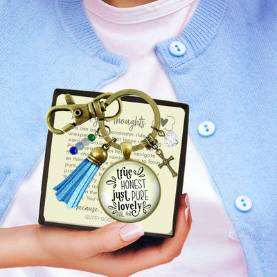 Handmade Gutsy Goodness Jewelry True Honest Just Pure Keychain Faith Theme Boho Fashion Bible Verse Jewelry Cross Charm & Message Card