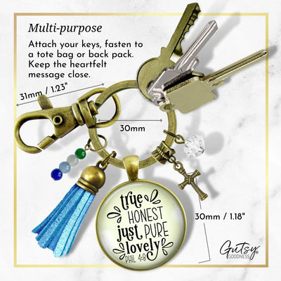 Handmade Gutsy Goodness Jewelry True Honest Just Pure Keychain Faith Theme Boho Fashion Bible Verse Jewelry Cross Charm, Message Card