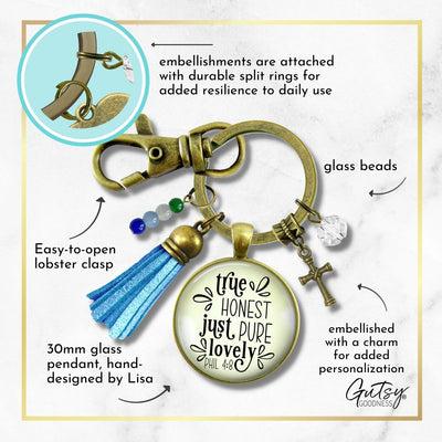 Handmade Gutsy Goodness Jewelry True Honest Just Pure Keychain Faith Theme Boho Fashion Bible Verse Jewelry Cross Charm, Message Card