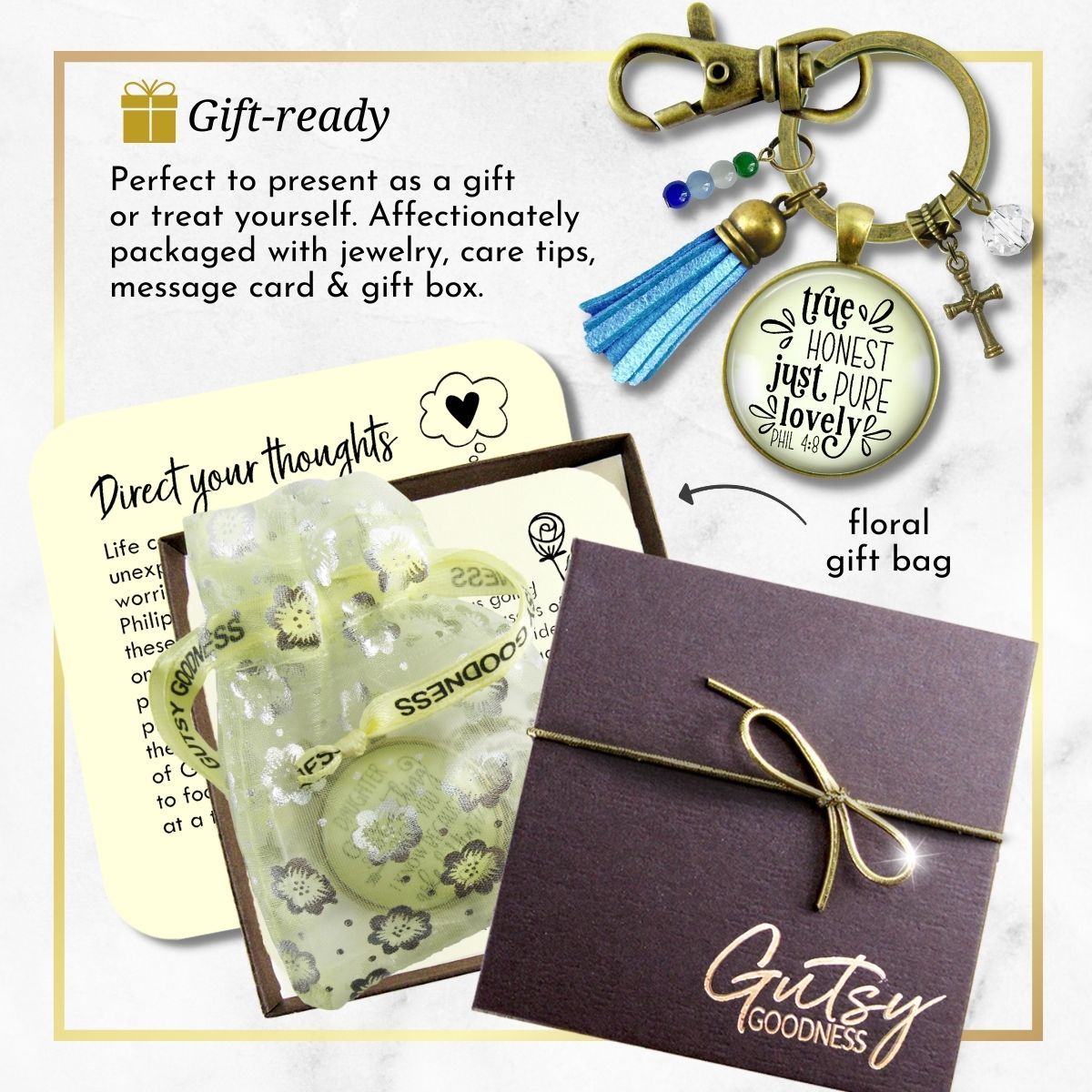 Handmade Gutsy Goodness Jewelry True Honest Just Pure Keychain Faith Theme Boho Fashion Bible Verse Jewelry Cross Charm & Message Card