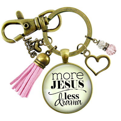 Handmade Gutsy Goodness Jewelry More Jesus Less Drama Faith Keychain Women's Purse Charm Boho Fashion Pink Tassel Charm & Message Card
