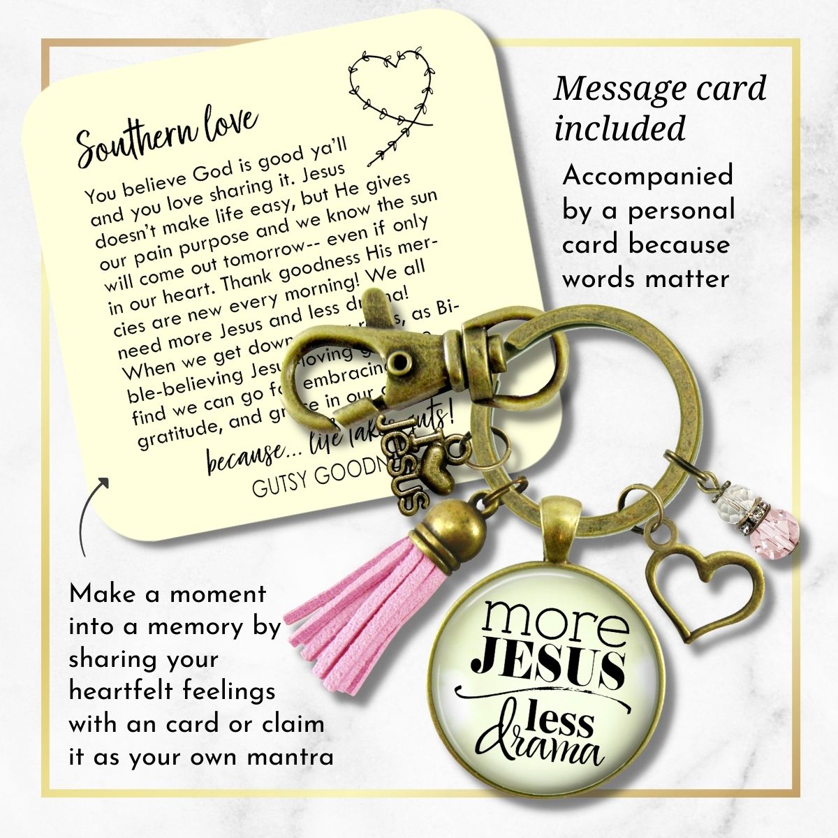 Handmade Gutsy Goodness Jewelry More Jesus Less Drama Faith Keychain Women's Purse Charm Boho Fashion Pink Tassel Charm & Message Card