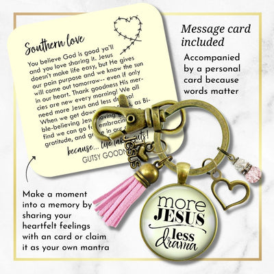 Handmade Gutsy Goodness Jewelry More Jesus Less Drama Faith Keychain Women's Purse Charm Boho Fashion Pink Tassel Charm & Message Card