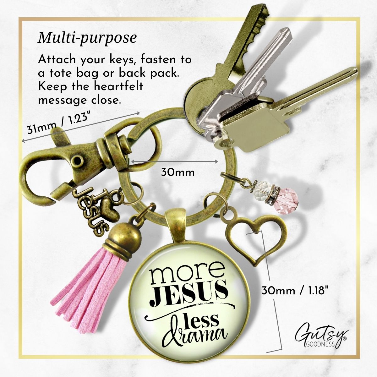 Handmade Gutsy Goodness Jewelry More Jesus Less Drama Faith Keychain Women's Purse Charm Boho Fashion Pink Tassel Charm & Card