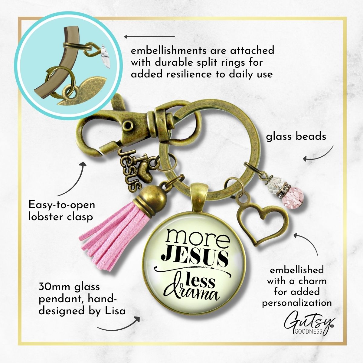 Handmade Gutsy Goodness Jewelry More Jesus Less Drama Faith Keychain Women's Purse Charm Boho Fashion Pink Tassel Charm & Card