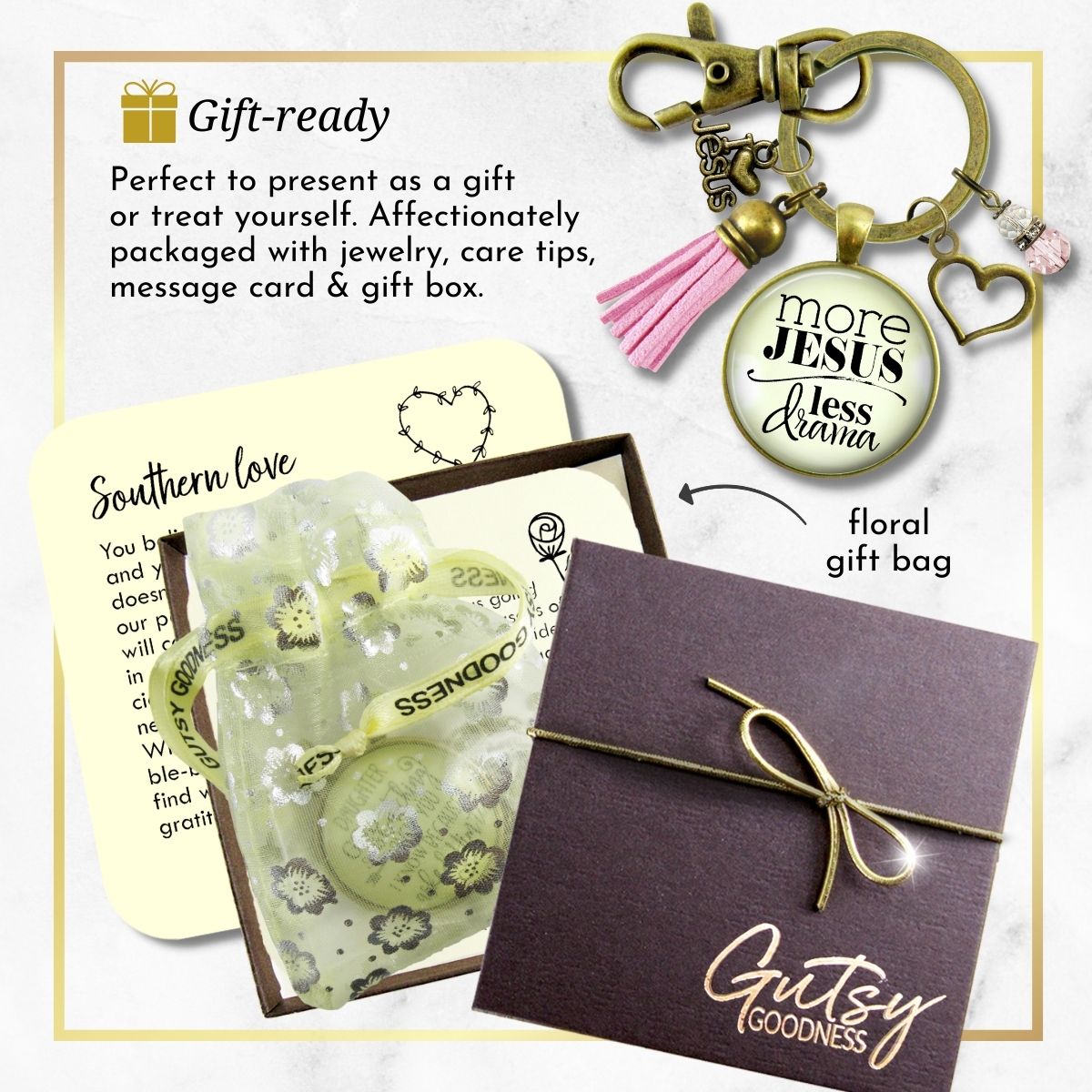 Handmade Gutsy Goodness Jewelry More Jesus Less Drama Faith Keychain Women's Purse Charm Boho Fashion Pink Tassel Charm & Message Card
