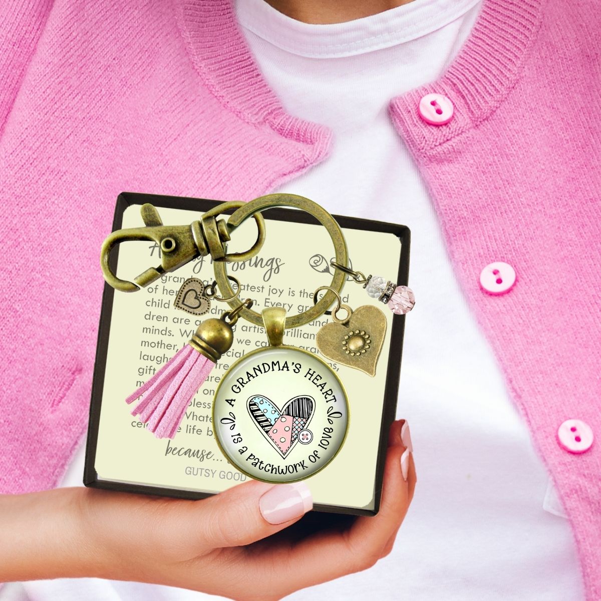 Handmade Gutsy Goodness Jewelry Grandmother Keychain Gift Grandma's Heart Is A Patchwork of Love Jewelry, Tassel & Sentimental Card