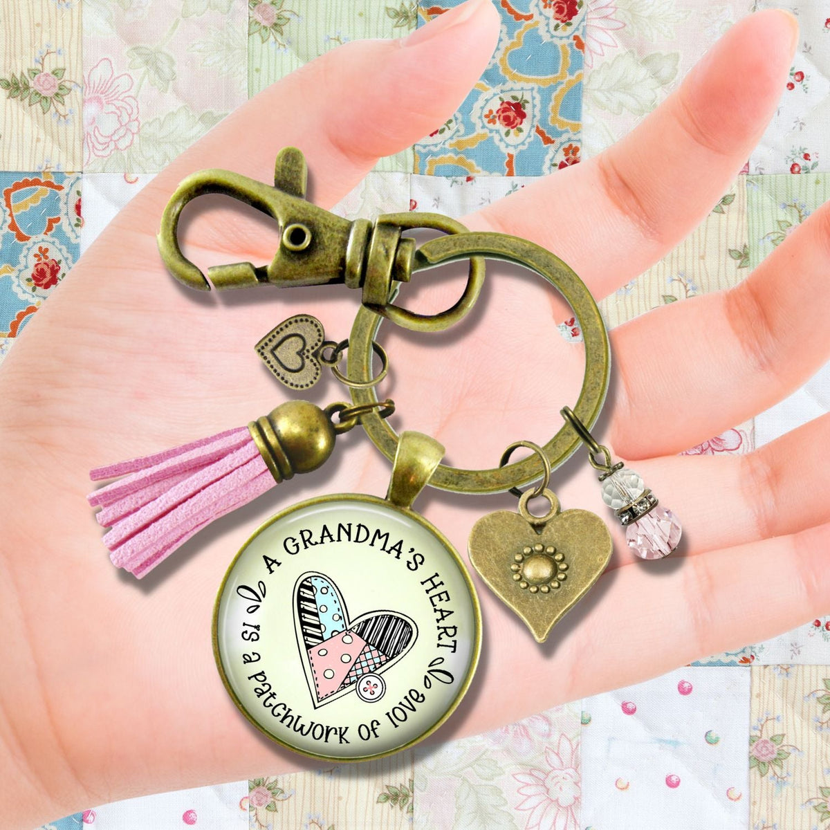 Handmade Gutsy Goodness Jewelry Grandmother Keychain Gift Grandma's Heart Is A Patchwork of Love Jewelry, Tassel & Meaningful Card