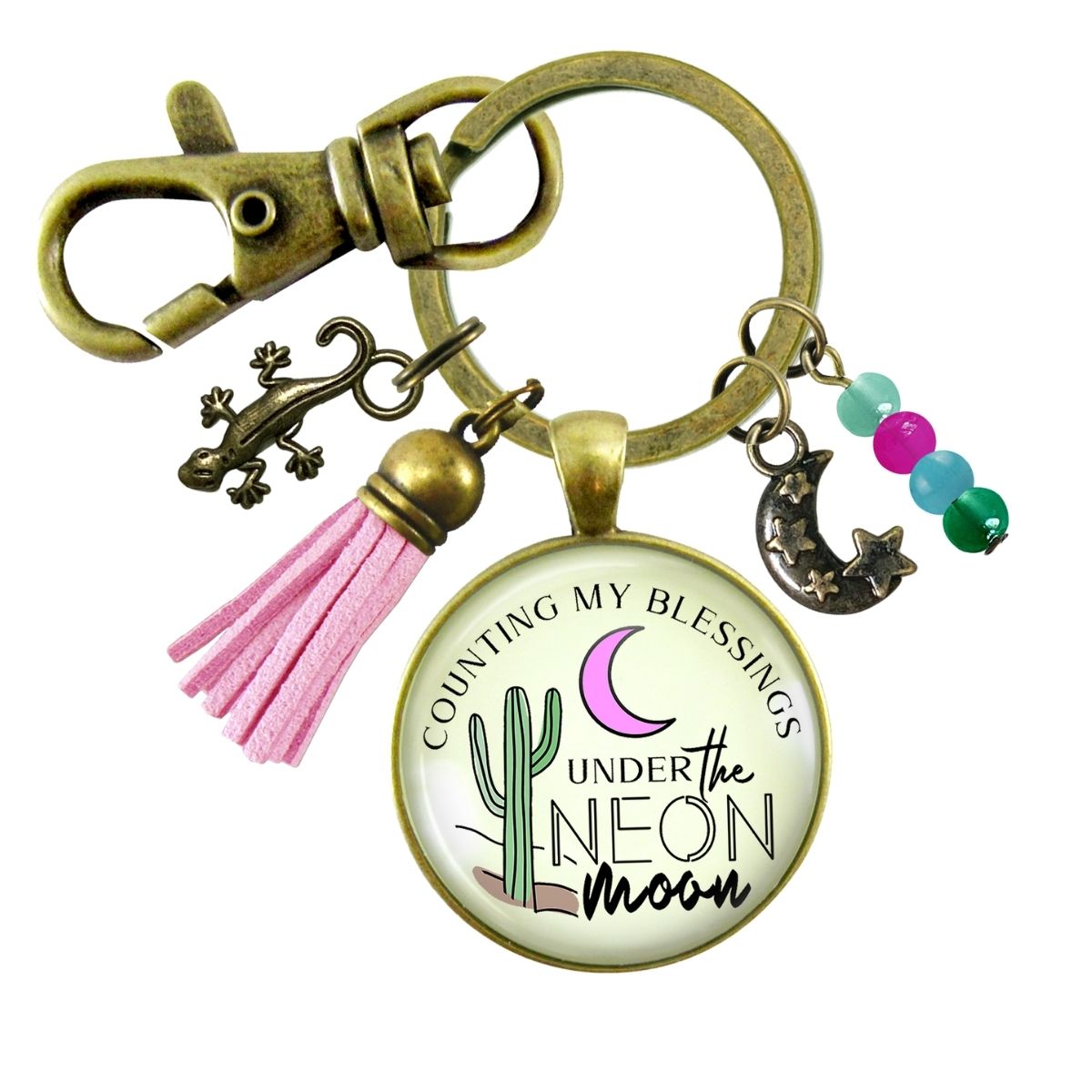 Handmade Gutsy Goodness Jewelry Counting My Blessings Under The Neon Moon Keychain Southwest Boho Jewelry Tassel & Gecko Charms & Card