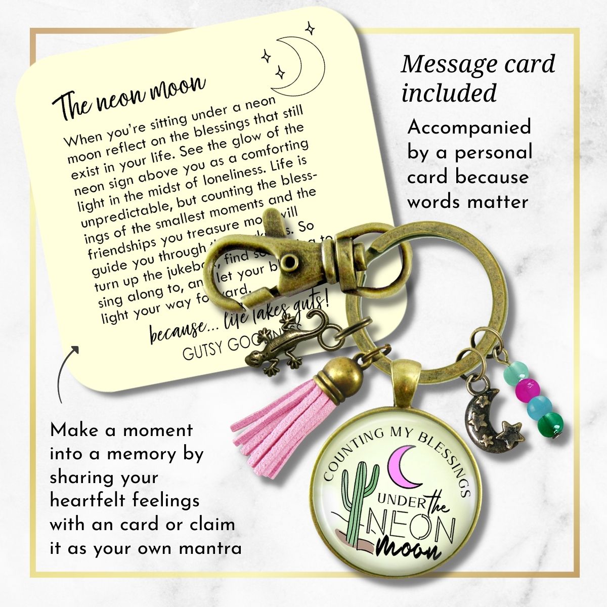 Handmade Gutsy Goodness Jewelry Counting My Blessings Under The Neon Moon Keychain Southwest Boho Jewelry Tassel & Gecko Charms & Card
