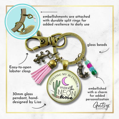 Handmade Gutsy Goodness Jewelry Counting My Blessings Under The Neon Moon Keychain Southwest Boho Jewelry Tassel & Gecko Charms & Card