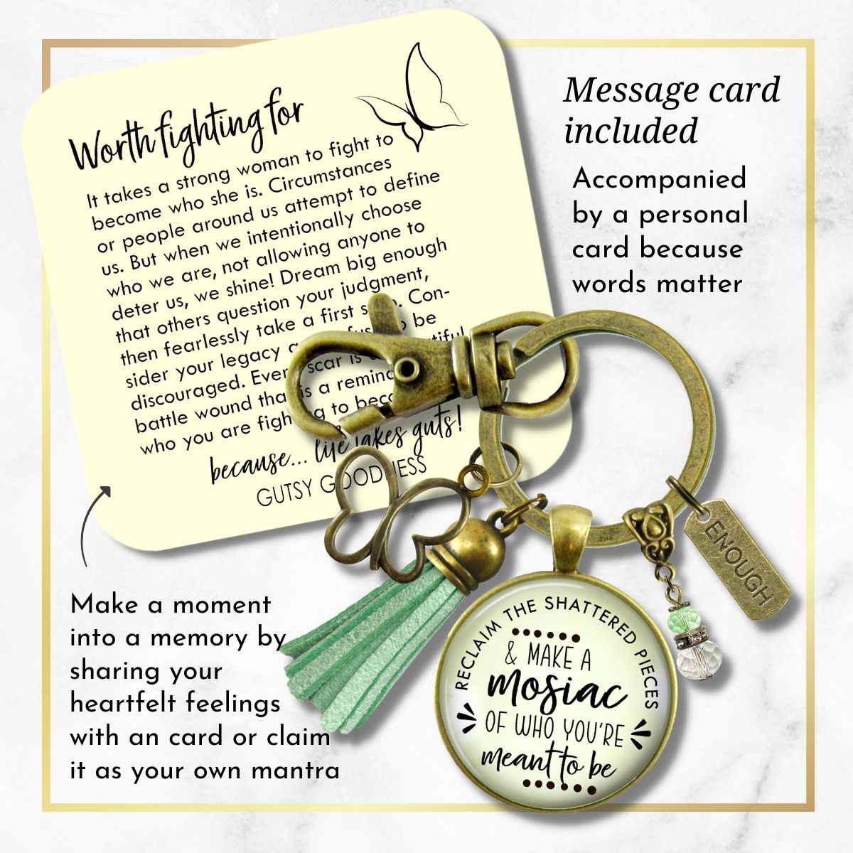 Handmade Gutsy Goodness Jewelry Reclaim Shattered Pieces Make Mosaic Keychain Inspiring Jewelry Enough & Tassel Charm & Message Card