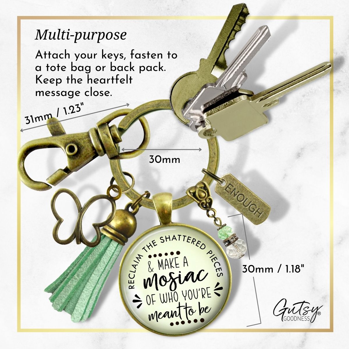 Handmade Gutsy Goodness Jewelry Reclaim Shattered Pieces Make Mosaic Keychain Inspiring Jewelry Enough & Tassel Charm & Message Card