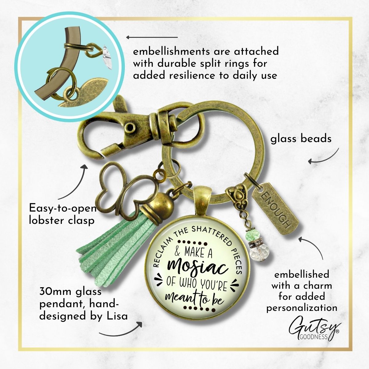 Handmade Gutsy Goodness Jewelry Reclaim The Shattered Pieces Make Mosaic Keychain Inspiring Jewelry Enough & Tassel Charm & Message Card