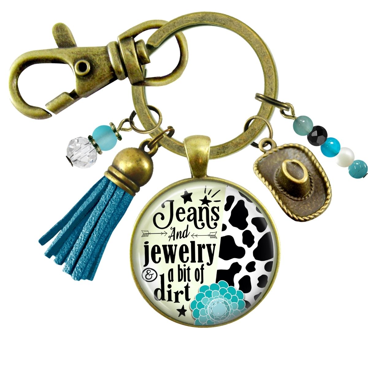 Handmade Gutsy Goodness Jewelry Jeans And Jewelry And A Bit Of Dirt Keychain Western Cowboy Hat & Tassel, Country Girl Message Card