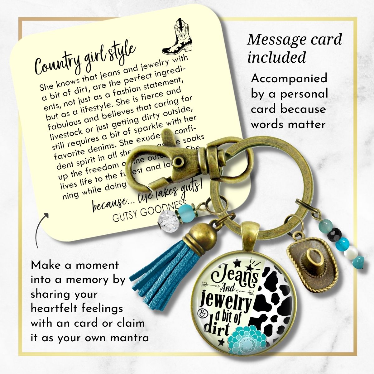 Handmade Gutsy Goodness Jewelry Jeans And Jewelry And A Bit Of Dirt Keychain Western Cowboy Hat & Tassel, Country Girl Message Card