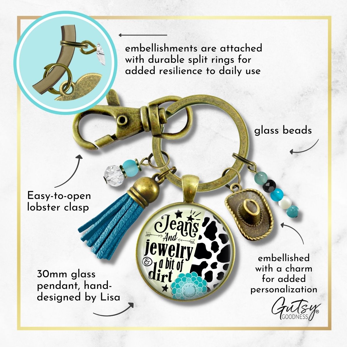 Handmade Gutsy Goodness Jewelry Jeans And Jewelry And A Bit Of Dirt Keychain Western Cowboy Hat & Tassel, Country Girl Message Card