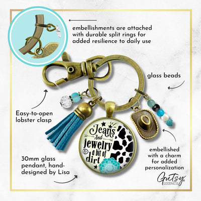 Handmade Gutsy Goodness Jewelry Jeans And Jewelry And A Bit Of Dirt Keychain Western Cowboy Hat & Tassel, Country Girl Message Card