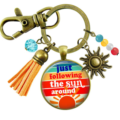 Handmade Gutsy Goodness Jewelry Just Following The Sun Around Keychain Boho Hippie Retro 60s 70s Sunrise Art Tassel Sun Charm & Card