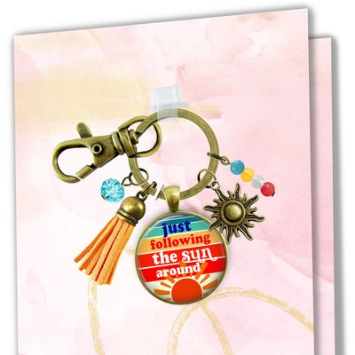 Handmade Gutsy Goodness Jewelry Just Following The Sun Around Keychain Boho Hippie Retro 60s, 70s Sunrise Art Tassel Sun Charm & Card