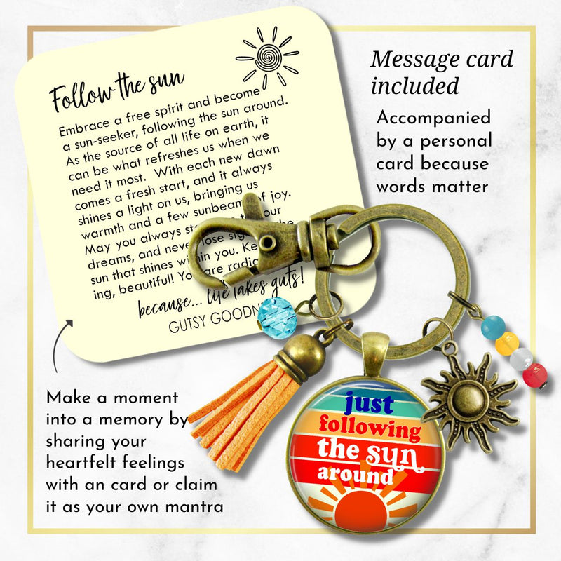 Handmade Gutsy Goodness Jewelry Just Following The Sun Around Keychain Boho Hippie Retro 60s, 70s Sunrise Art Tassel Sun Charm & Card