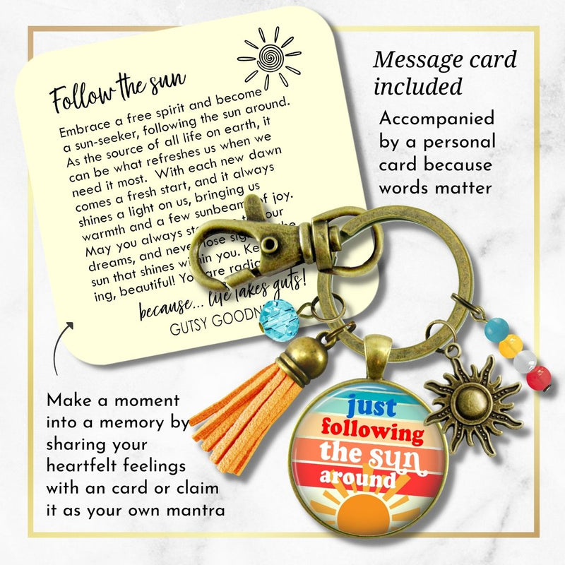Handmade Gutsy Goodness Jewelry Just Following The Sun Around Keychain Boho Hippie Retro 60s 70s Sunrise Art Tassel Sun Charm & Card
