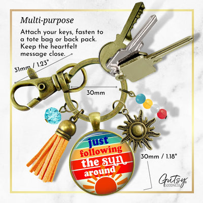 Handmade Gutsy Goodness Jewelry Just Following The Sun Around Keychain Boho Hippie Retro 60s 70s Sunrise Art Tassel Sun Charm & Card