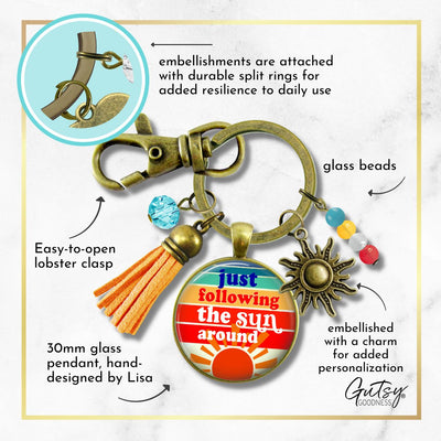Handmade Gutsy Goodness Jewelry Just Following The Sun Around Keychain Boho Hippie Retro 60s, 70s Sunrise Art Tassel Sun Charm & Card