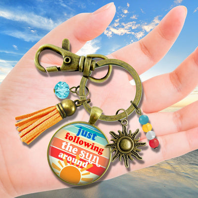 Handmade Gutsy Goodness Jewelry Just Following The Sun Around Keychain Boho Hippie Retro 60s 70s Sunrise Art Tassel Sun Charm & Card