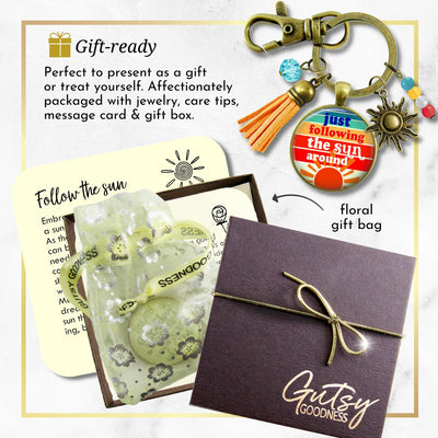 Handmade Gutsy Goodness Jewelry Just Following The Sun Around Keychain Boho Hippie Retro 60s 70s Sunrise Art Tassel Sun Charm & Card