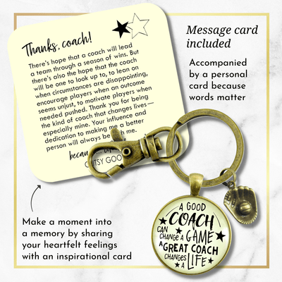 Baseball Coaching Sport Keychain Great Coach Changes Life Thank You Gift - Gutsy Goodness Handmade Jewelry Gifts