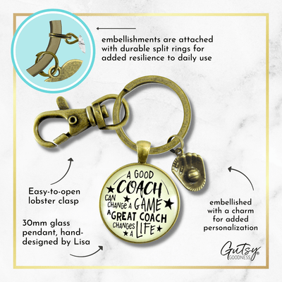 Baseball Coaching Sport Keychain Great Coach Changes Life Thank You Gift - Gutsy Goodness Handmade Jewelry Gifts