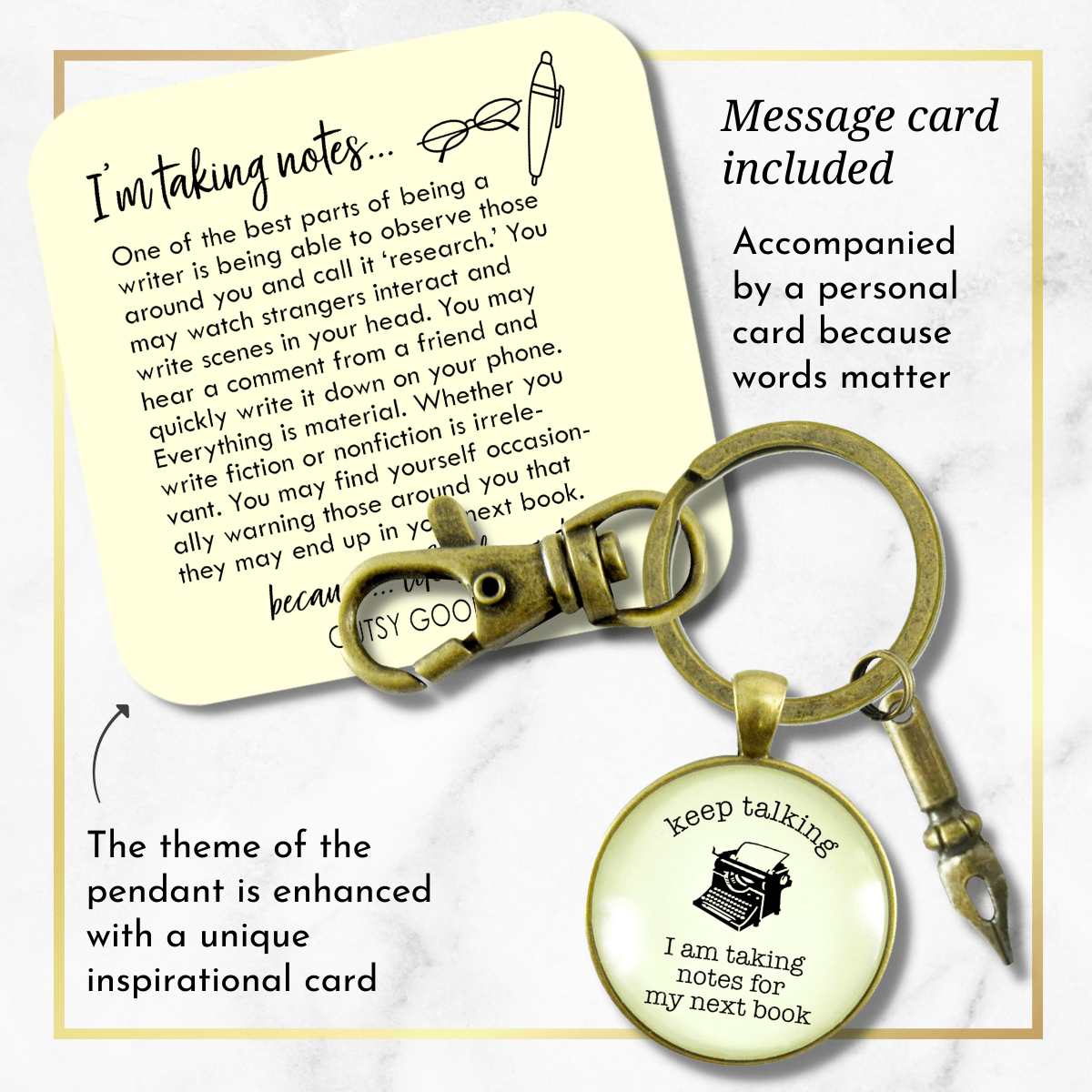 Author Keychain Keep Talking Taking Notes For My Book Jewelry Writers Funny Quote Pen - Gutsy Goodness