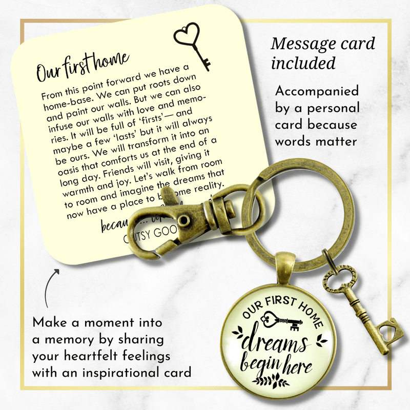 Our First Home Keychain Dreams Begin Here Homeowner Home Buyers Gift Key Charm  Keychain - Unisex - Gutsy Goodness Handmade Jewelry